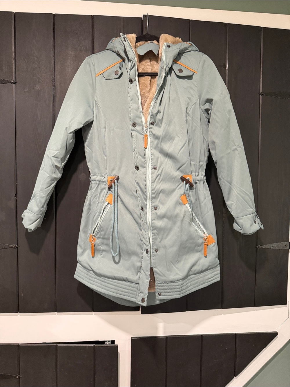 Hooded Sage Green Women's Puffer Parka with Faux Fur Lining